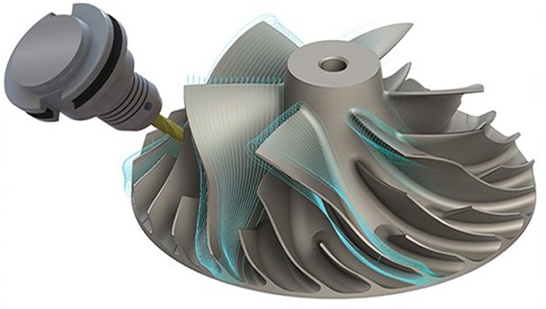 3D rendering of a multiblade impeller with machining tool, illustrating complex blade geometry and Mastercam Blade Expert software application for multiaxis machining solutions.