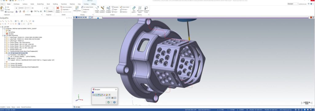 3D CAD model of a complex precision machined part displayed in Mastercam software, illustrating advanced programming capabilities for aerospace manufacturing.
