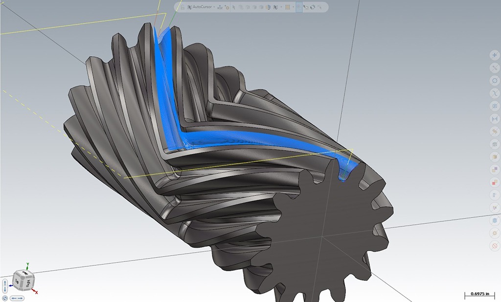 Complex herringbone gear design with staggered teeth and highlighted contours, showcasing advanced CAD modeling for 5-axis machining optimization.