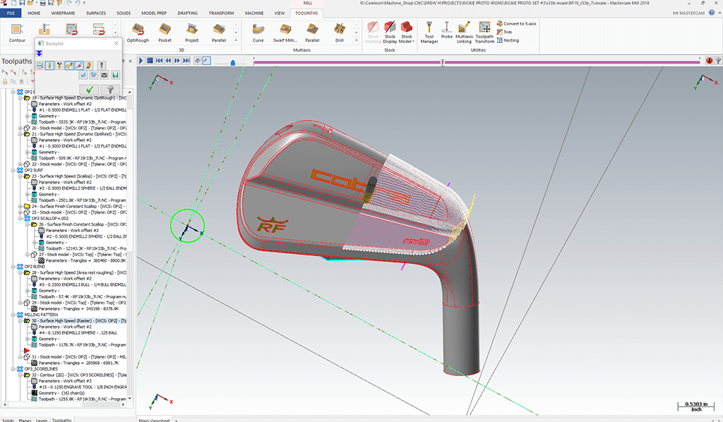 Mastercam interface displaying COBRA golf club head design with Dynamic Motion toolpath and toolpath options for efficient machining.