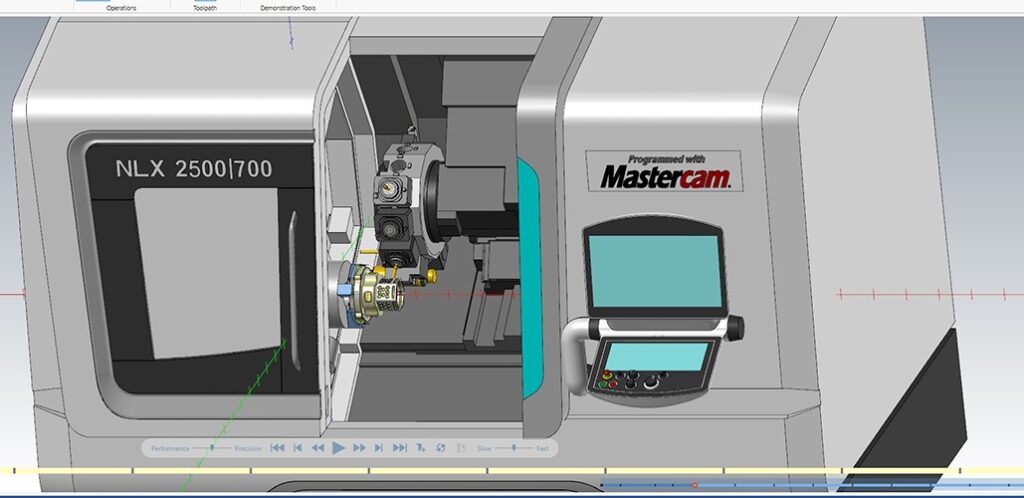 CNC machining simulation of NLX 2500|700 lathe programmed with Mastercam, showcasing advanced multitasking capabilities for aerospace part production.